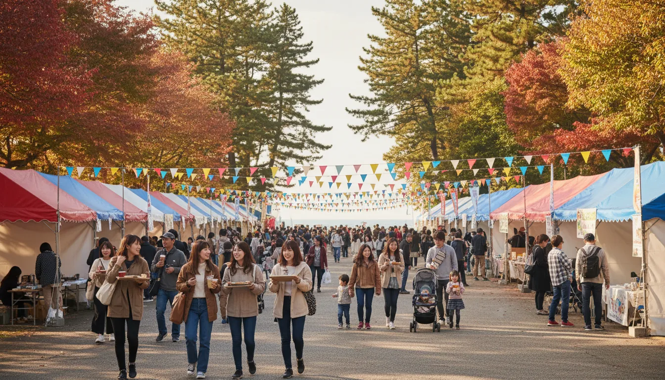 紅葉の公園に白いテントと旗が並び、たくさんの人でにぎわうフェス会場のイメージ