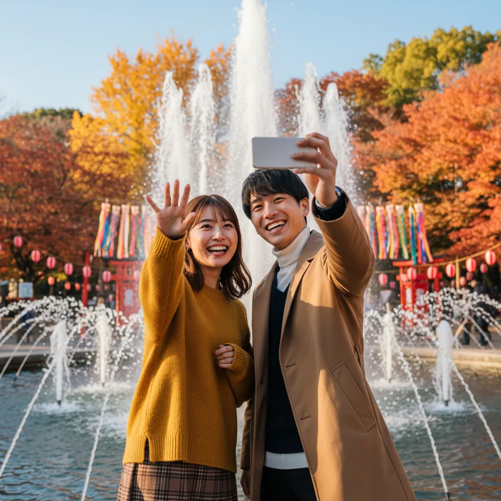 噴水の前で自撮りするカップル